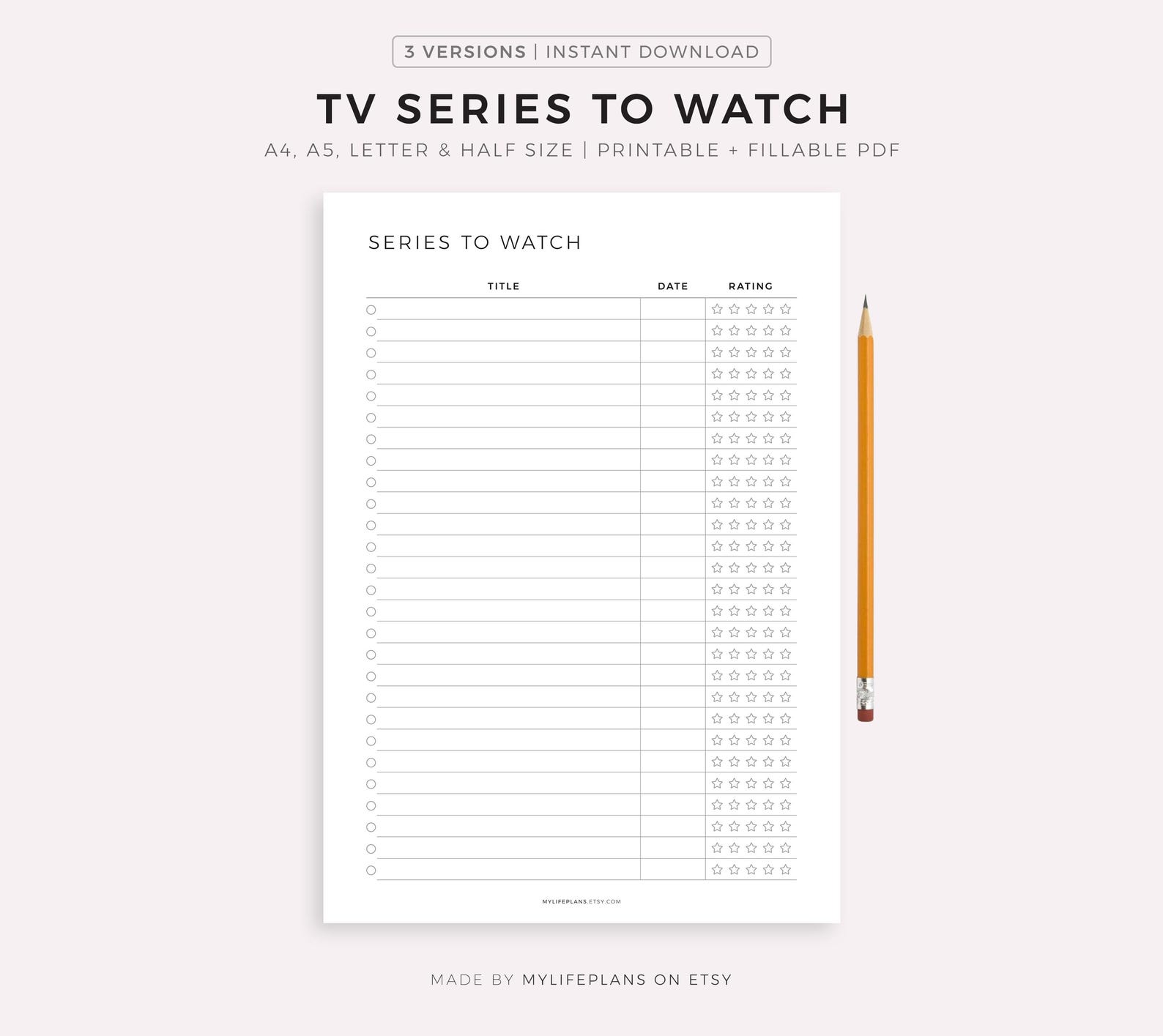 TV Series to Watch List Printable, TV Show List, Season and Episode ...
