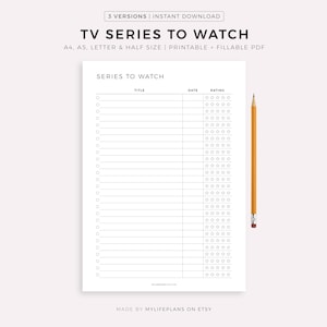 Lista de series de TV para ver imprimible, lista de programas de TV, plantilla de seguimiento de temporadas y episodios, tamaño A4/A5/carta/medio, descarga instantánea en PDF.