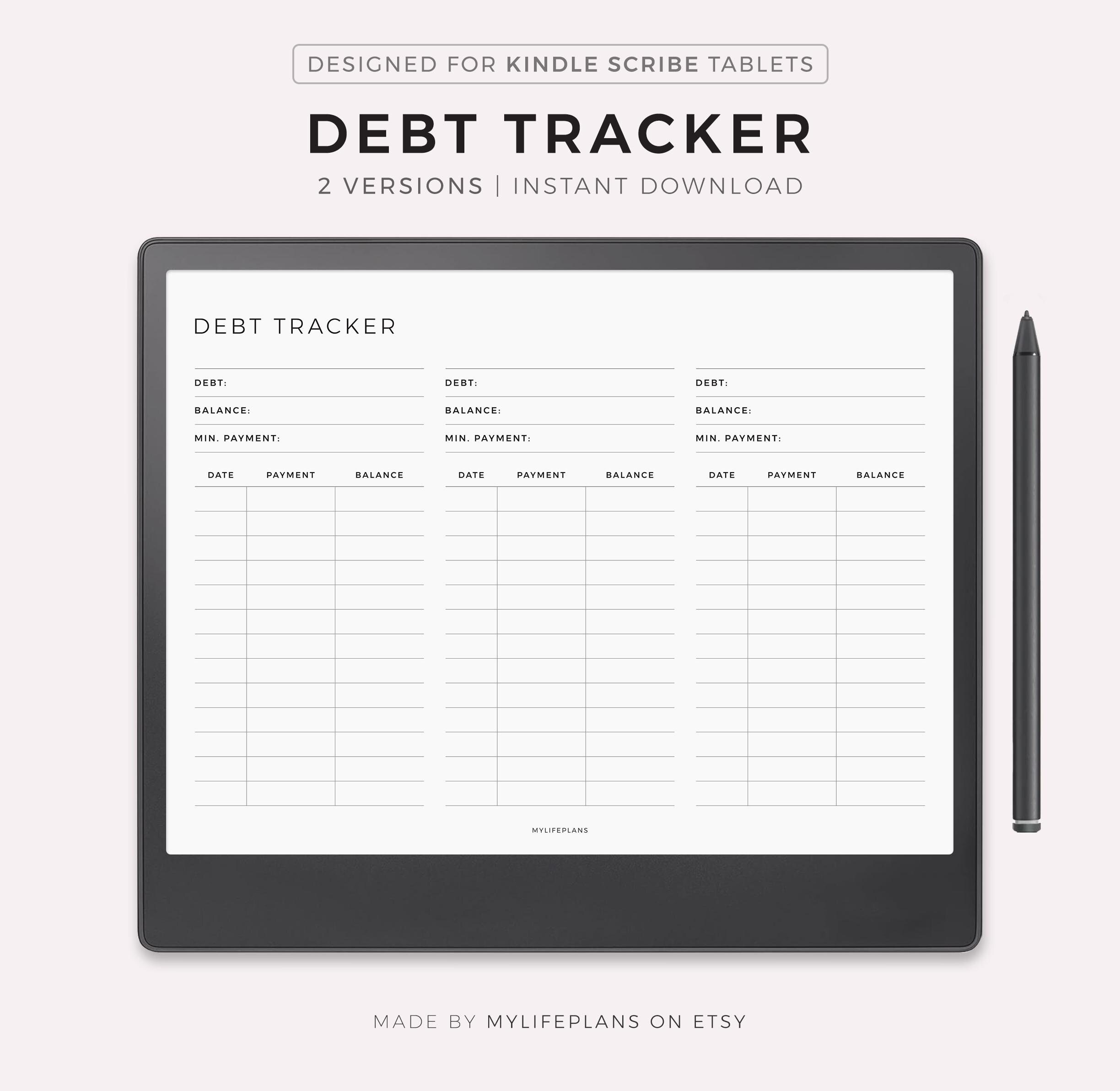 Debt Tracker for Kindle Scribe, Landscape, Debt Payoff Log, Debt Overview, Budget Planner, Instant Download