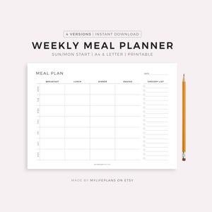 Peut inclure: Un planificateur de repas hebdomadaire blanc avec une grille pour la planification des repas, comprenant le petit-déjeuner, le déjeuner, le dîner et les collations. Le planificateur comprend également une section de liste d'épicerie et un crayon jaune. Le texte sur le planificateur indique "WEEKLY MEAL PLANNER".