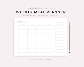 May include: A white weekly meal planner with a grid layout for meal planning, including breakfast, lunch, dinner, and snacks. The planner also includes a grocery list section and a yellow pencil. Text on the planner reads "WEEKLY MEAL PLANNER".