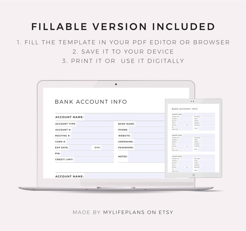 Bank Account Information Tracker Printable, Bank Account Log, Bank Details, A4/A5/Letter/Half Size, Instant Download PDF image 5