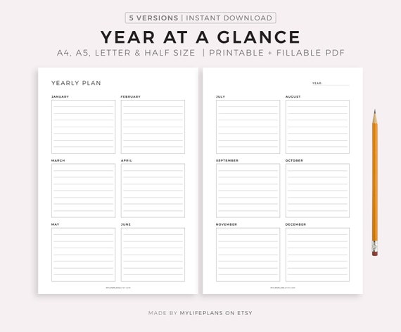 Year at a Glance, Two Page Yearly Planner Printable, 12 Month Overview, Minimalist Planner, A4/a5/letter/half, Instant Download PDF - Etsy