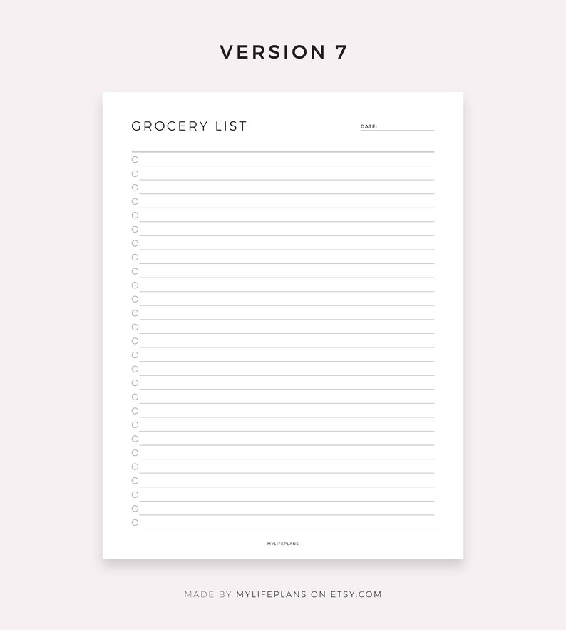 Op de afbeelding: Een afdrukbare boodschappenlijst-sjabloon met de titel "Grocery List" en het woord "Date" bovenaan. De sjabloon heeft een lege ruimte voor de datum en 30 regels om een boodschappenlijst te schrijven.