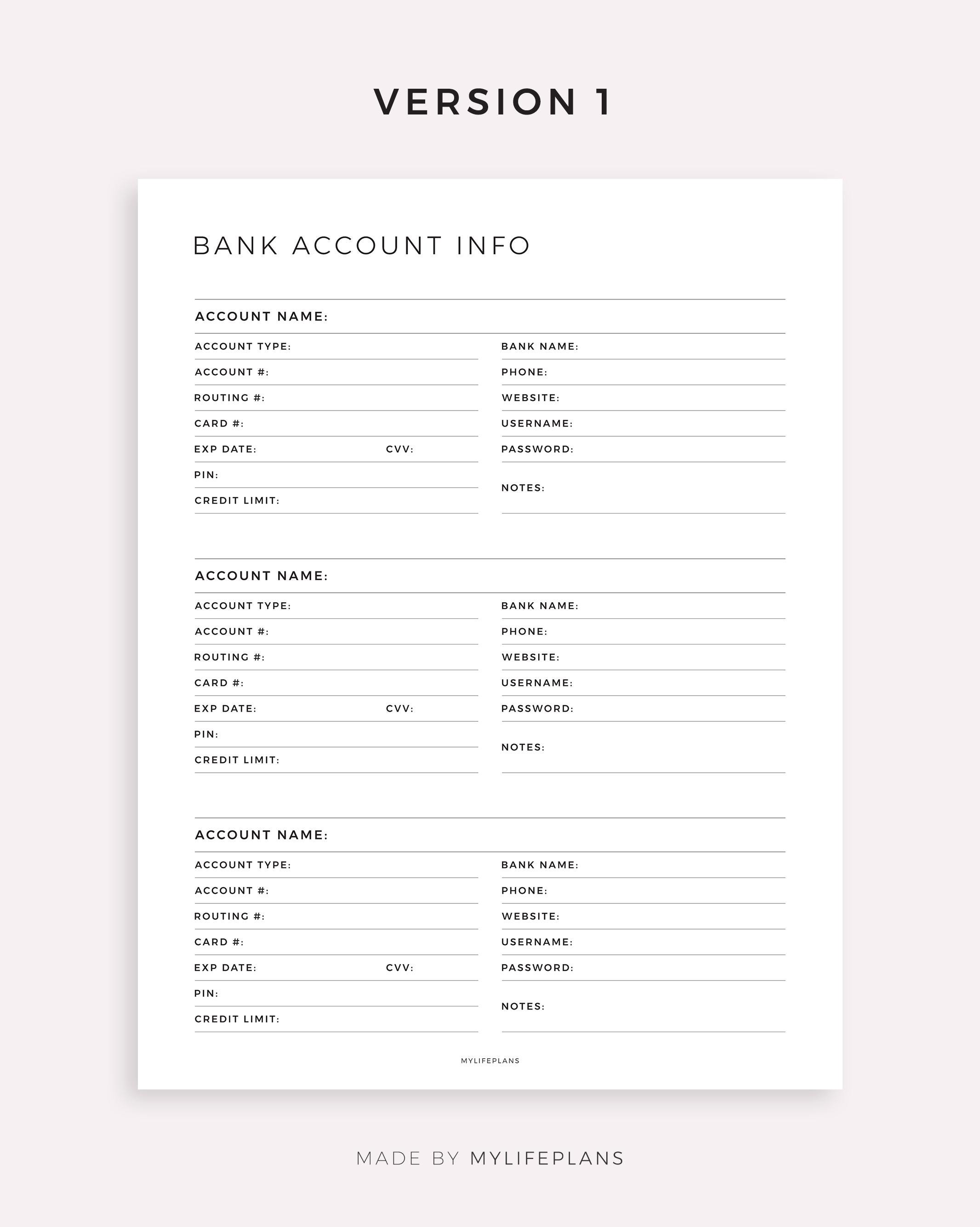 Bank Account Information Tracker, Printable Template for Happy Planner ...