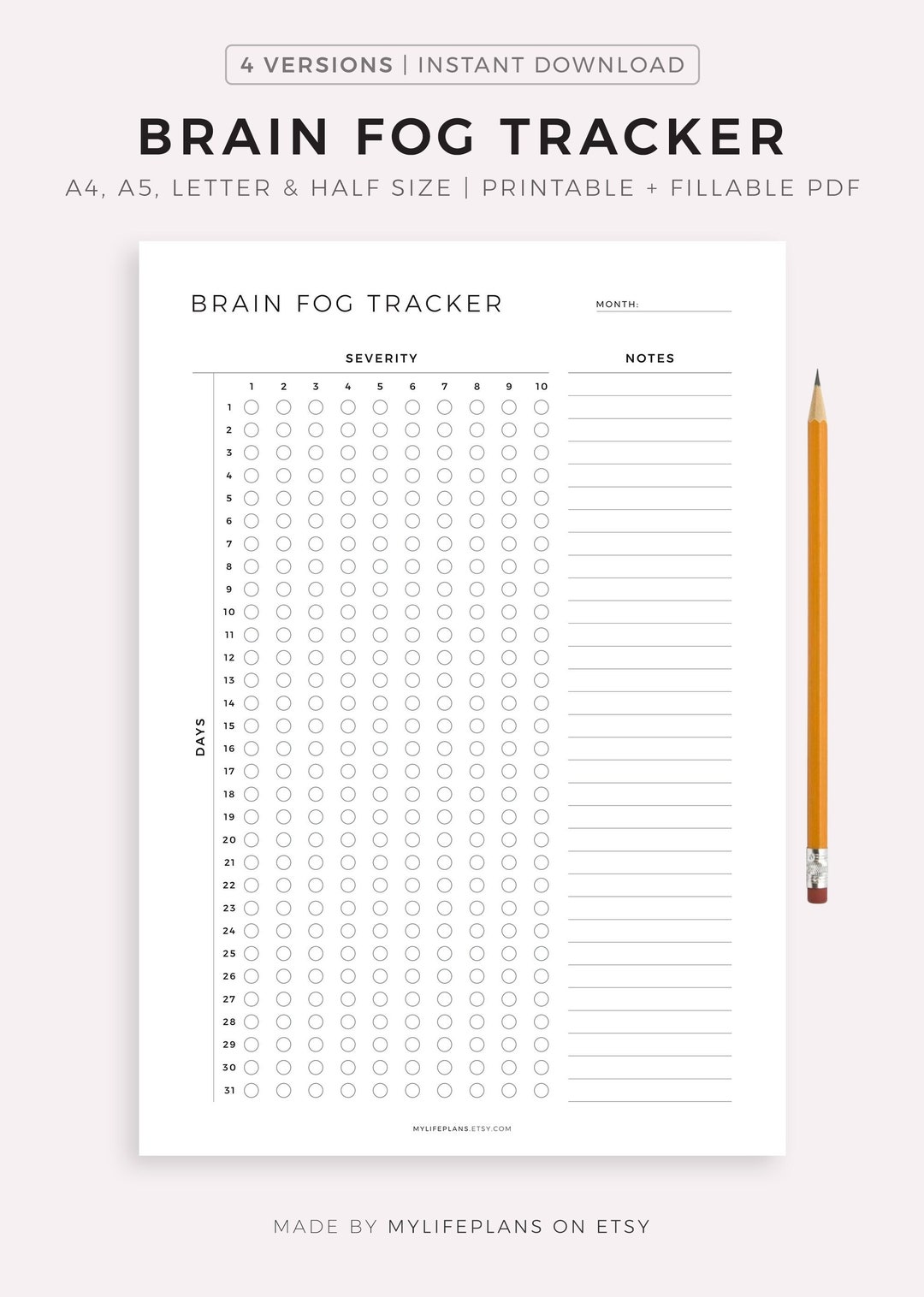 Monthly Brain Fog Tracker Printable Template, Track Daily Brain Fog