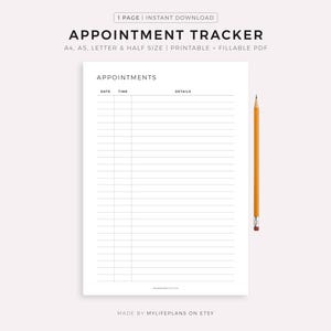 Semplice tracker di appuntamenti stampabile, promemoria appuntamenti, tracker riunioni, formato A4/A5/Lettera/mezzo formato, download immediato in PDF