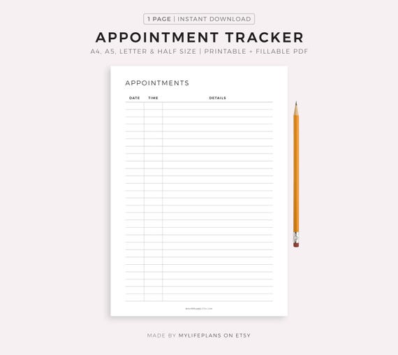 Simple Appointment Tracker Printable, Appointment Reminder, Meeting Tracker, A4/A5/Letter/Half Size, Instant Download PDF