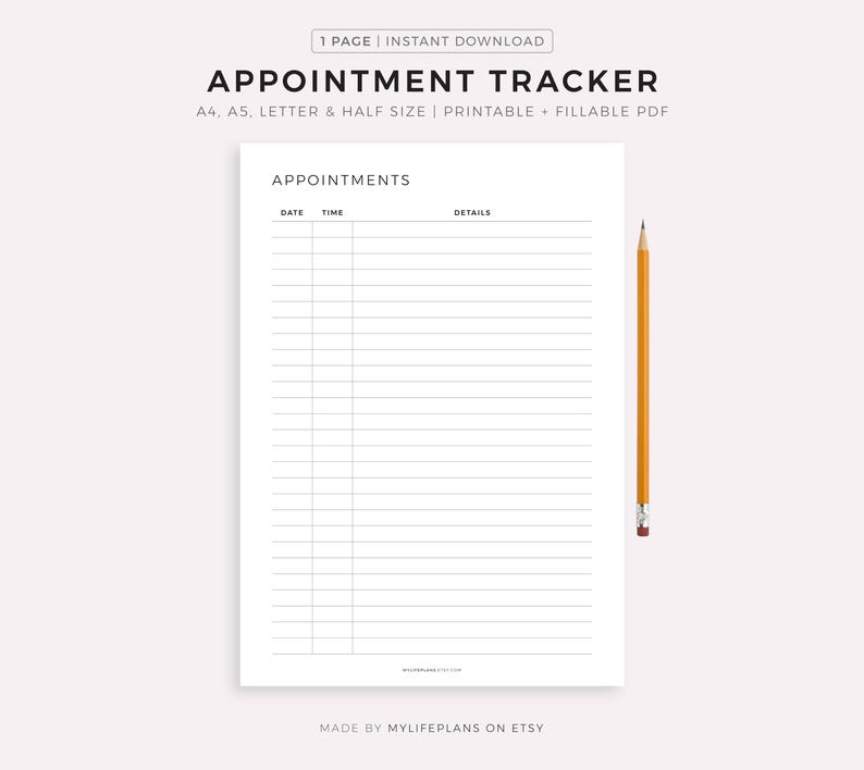 Simple Appointment Tracker Printable, Appointment Reminder, Meeting Tracker, A4/A5/Letter/Half Size, Instant Download PDF image 1