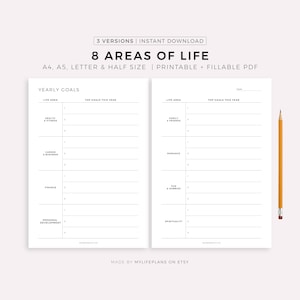 8 levensgebieden planner afdrukbare en invulbare pdf, doelenplanner, doelen stellen, A4/A5/Letter/Half Size, Instant Download