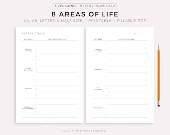 8 Areas of Life Planner Printable & Fillable PDF, Goal Planner, Goal Setting, A4/A5/Letter/Half Size, Instant Download
