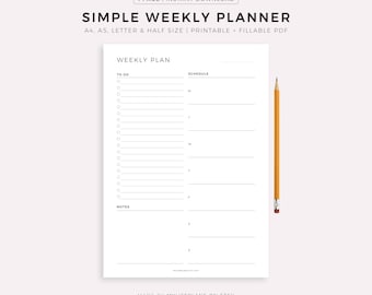 Planejador semanal simples para imprimir, lista de tarefas semanais, agenda semanal, páginas de planejador semanal sem data, download instantâneo, tamanhos A4/A5/Carta/Meio Tamanho