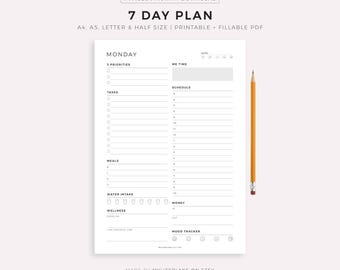 7 Day Planner Printable, Weekly Planner, Daily To Do List for Work / Personal Life, Everyday Planner, Instant Download