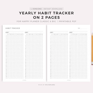May include: A printable PDF habit tracker on two pages. The pages are white with a grid of small circles for tracking habits. The text "YEARLY HABIT TRACKER ON 2 PAGES" is at the top. A yellow pencil is on the right side.
