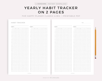 Seguimiento anual de hábitos en dos páginas. Plantilla imprimible para Happy Planner Classic y Big. Descarga instantánea.