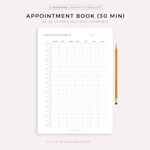Appointment Book 30 Minute Intervals, Appointment Reminder, Meeting Tracker, Week At a Glance, A4/A5/Letter/Half Size, Instant Download PDF image 1