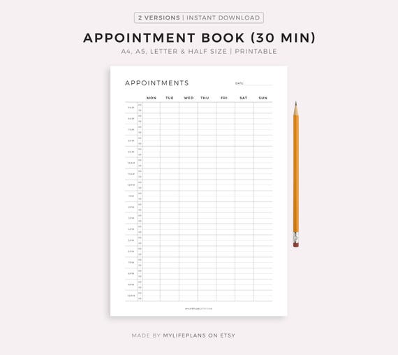 Appointment Book 30 Minute Intervals, Appointment Reminder, Meeting Tracker, Week At a Glance, A4/A5/Letter/Half Size, Instant Download PDF