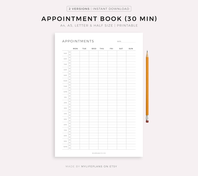Appointment Book 30 Minute Intervals, Appointment Reminder, Meeting Tracker, Week At a Glance, A4/A5/Letter/Half Size, Instant Download PDF image 1