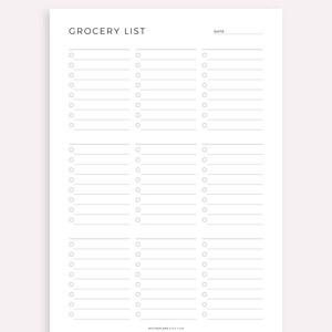 May include: A printable grocery list template with the title "Grocery List" and the word "Date" followed by a blank line. The list has three columns of checkboxes and blank lines for writing in grocery items.