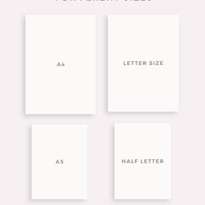Pode incluir: Quatro folhas de papel retangulares em diferentes tamanhos: A4, Letter Size, A5 e Half Letter. O texto "4 DIFFERENT SIZES" est&aacute; no topo. A parte inferior da imagem diz "MADE BY MYLIFEPLANS ON ETSY".