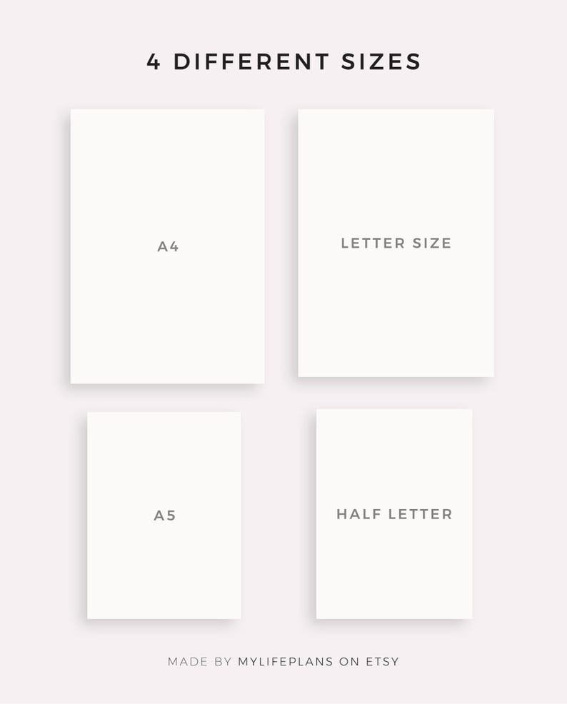 Pode incluir: Quatro folhas de papel retangulares em diferentes tamanhos: A4, Letter Size, A5 e Half Letter. O texto "4 DIFFERENT SIZES" est&aacute; no topo. A parte inferior da imagem diz "MADE BY MYLIFEPLANS ON ETSY".