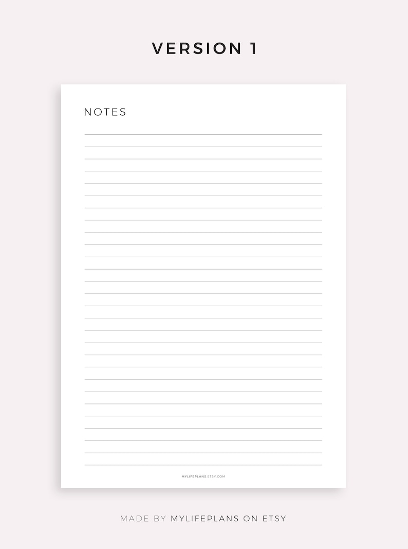May include: A printable planner page with the title "NOTES" and a lined area for writing. The page also includes the text "MYLIFEPALNS.ETSY.COM" and "MADE BY MYLIFEPALNS ON ETSY".