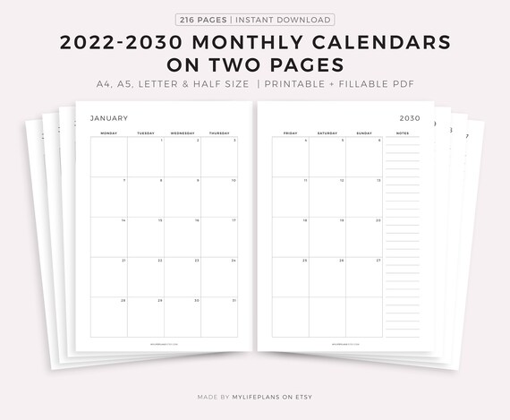 2022 2030 monthly calendars on two pages with notes printable etsy