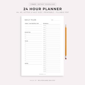 Druckbarer 24-Stunden-Planer, tägliche To Do-Liste für Arbeit / Privatleben, Alltagsplaner