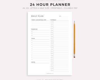 24 Hour Daily Planner Printable, Daily To Do List for Work / Personal Life, Everyday Planner, Daily Schedule