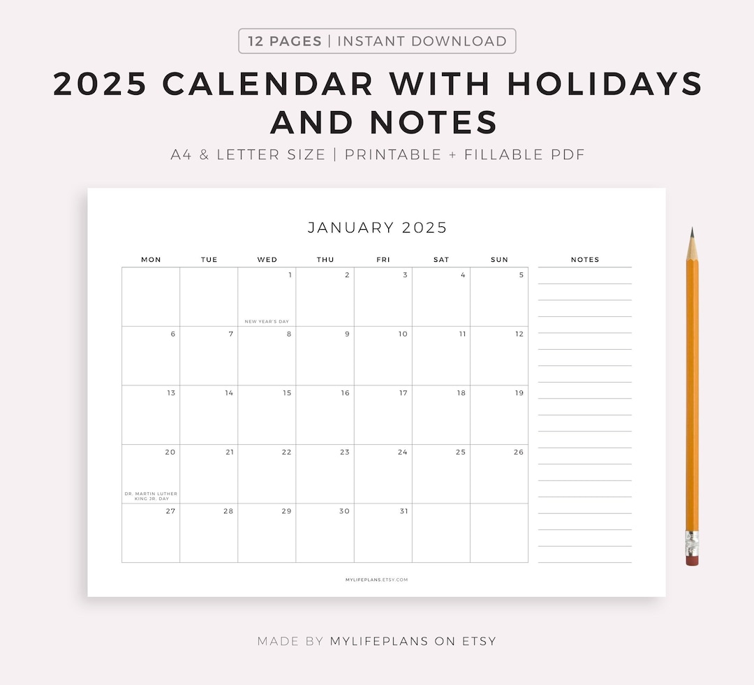 2025 Monthly Calendar With Holidays & Notes, Printable Calendar