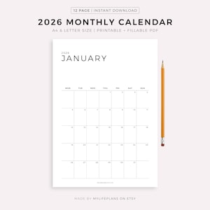 Könnte beinhalten: Ein weißer Monatskalender für 2026 mit dem Monat Januar. Der Kalender ist im A4- und Letter-Format, druckbar und als ausfüllbare PDF-Datei verfügbar. Ein gelber Bleistift liegt rechts neben dem Kalender. Der Text oben lautet "12 PAGE | INSTANT DOWNLOAD".
