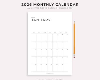 2026 Monthly Calendar Printable & Fillable, Year Calendar Template, Minimalist Wall Calendar, Desk Calendar, A4/Letter, Instant Download PDF