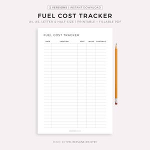 Fuel Cost Tracker Printable, Vehicle Fuel Cost Per Mile, Fuel Expense Tracker,  A4/A5/Letter/Half Size, Instant Download PDF