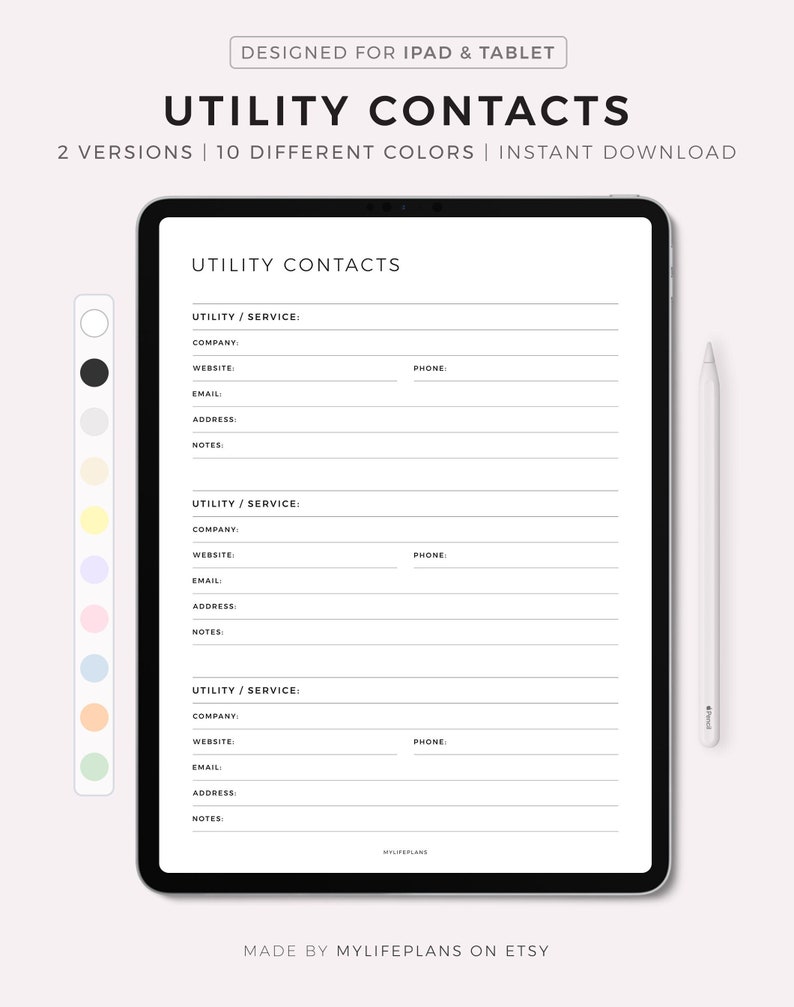 May include: A digital planner template for iPad and tablet with the title "Utility Contacts". The template has three sections for utility contacts, each with fields for company, website, email, address, phone, and notes.