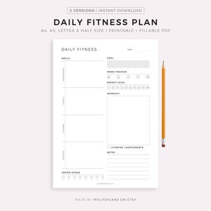 Täglicher Fitnessplaner Printable, Workout-Planer, Mahlzeitenplaner, Energielevel, Vitaminaufnahme, Stimmungs-Tracker, A4/A5/Letter/Half Size
