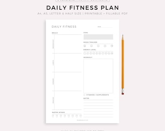 Daily Fitness Planner Printable, Workout Planner, Meal Planner, Energy Level, Vitamin Intake, Mood Tracker, A4/A5/Letter/Half Size