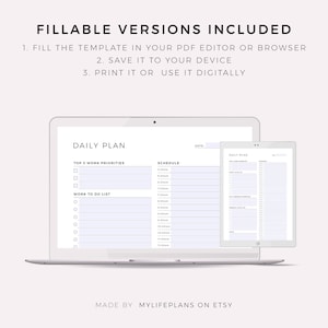 Peut inclure: Un mod&egrave;le de planificateur quotidien num&eacute;rique affich&eacute; sur un ordinateur portable et une tablette. Le mod&egrave;le comprend des sections pour les 3 priorit&eacute;s de travail les plus importantes, une liste de t&acirc;ches &agrave; faire et un horaire avec des cr&eacute;neaux horaires de 5h00 &agrave; 23h30. Le texte "PLANIFICATION QUOTIDIENNE" est en haut du mod&egrave;le.