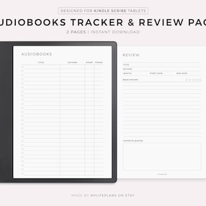 Op de afbeelding: Een zwart-witte printbare audiobook tracker en review pagina ontworpen voor Kindle Scribe tablets. De pagina is verdeeld in twee secties: Audiobooks en Review. De Audiobooks sectie heeft kolommen voor titel, auteur, startdatum en einddatum. De Review sectie heeft ruimte voor titel, auteur, lengte, startdatum, einddatum, boekrecensie en favoriete citaten.