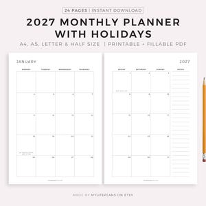 2027 Monthly Planner with Holidays, Dated Month on 2 Pages, Monthly Organizer, Month At a Glance, A4/A5/Letter/Half, Instant Download