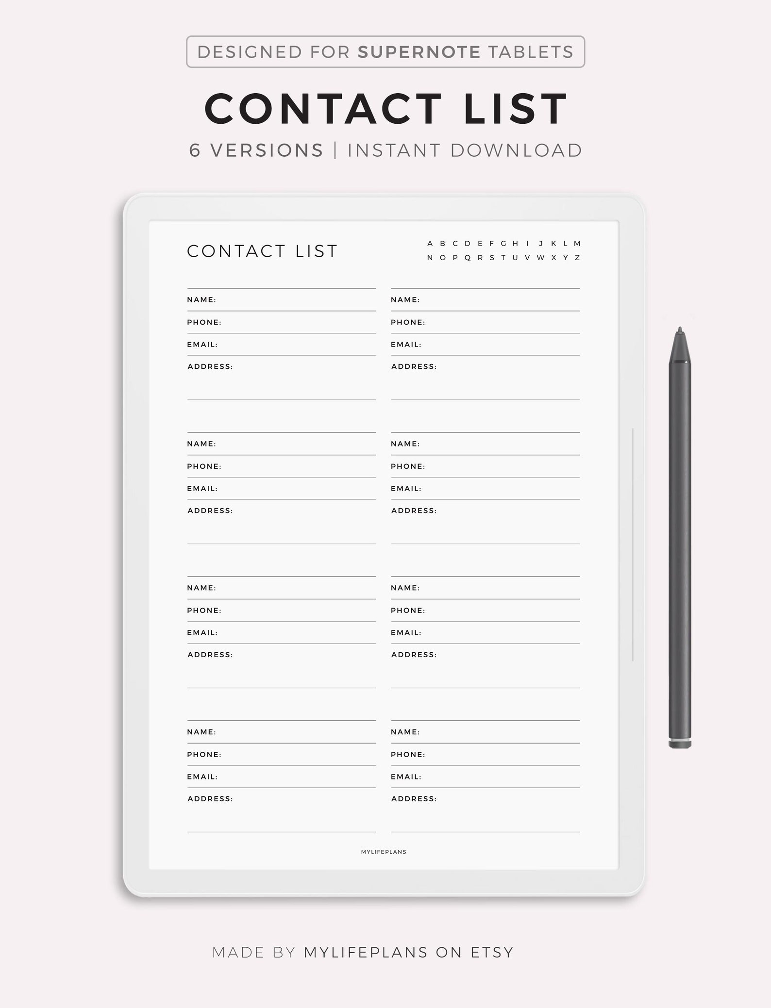 Contacts List Template for Supernote A5X2/A5X/A5/A6X2/A6X/A6, Instant ...