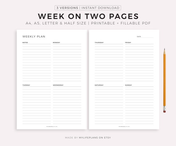 Personal Wide Rachels Weekly Agenda Week on 2 Pages, Minimal Design,  Printable Insert 