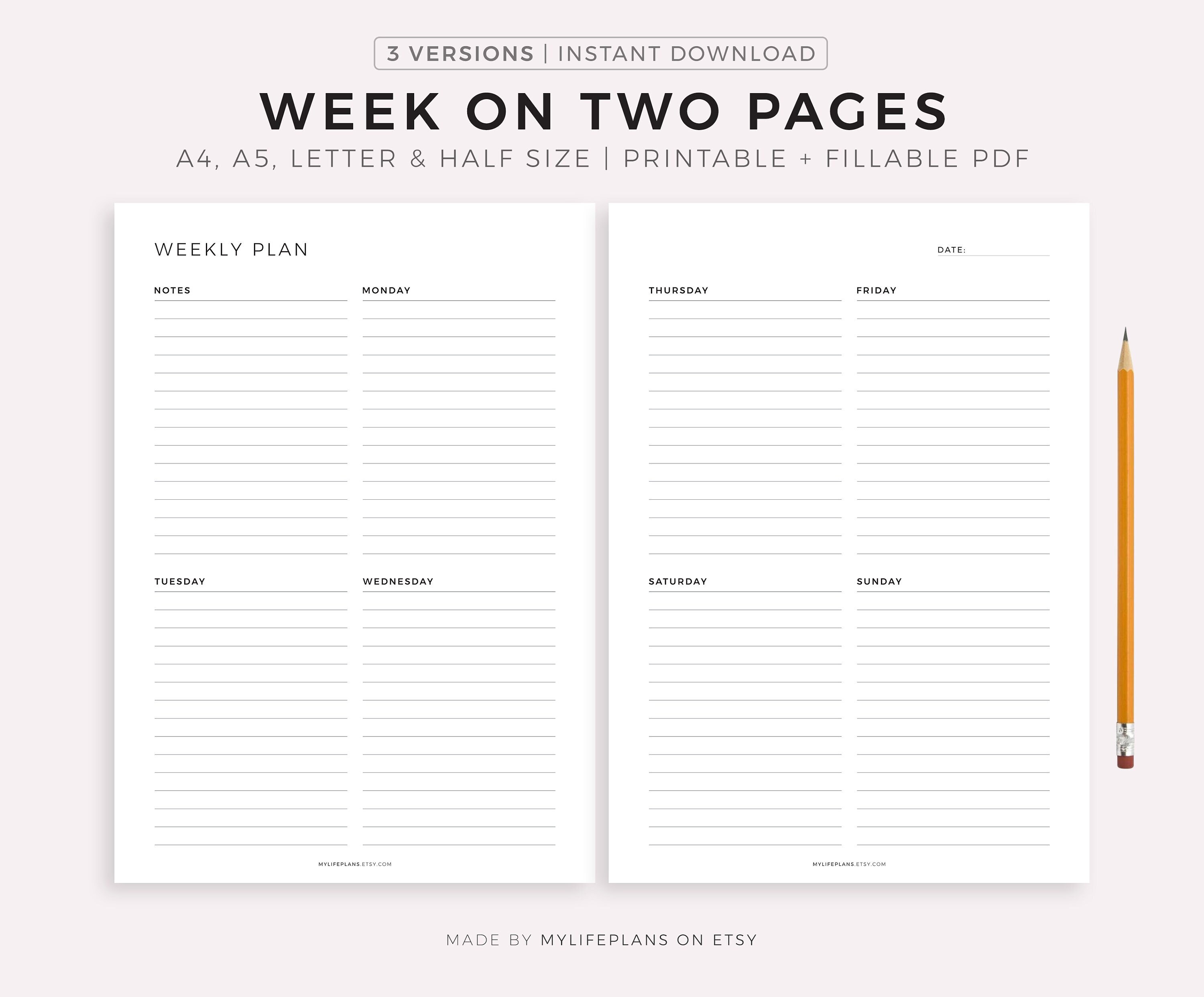 Week on Two Pages Printable Weekly Planner Minimal Weekly - Etsy Australia