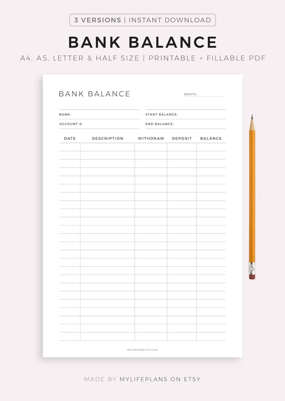 Bank Balance Sheet Printable Bank Account Transactions - Etsy UK