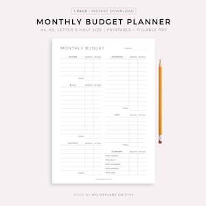 Planificador de presupuesto mensual (PDF imprimible y rellenable), plantilla de seguimiento de presupuesto, resumen financiero, tamaño A4/A5/Carta/Media página, descarga instantánea