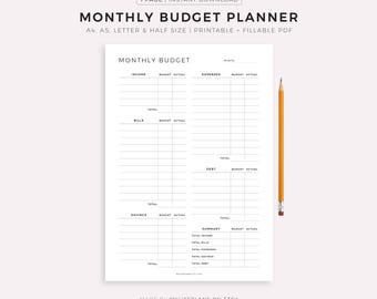 Monthly Budget Planner Printable & Fillable PDF, Budget Tracker Template, Finance Overview, A4/A5/Letter/Half,  Instant Download