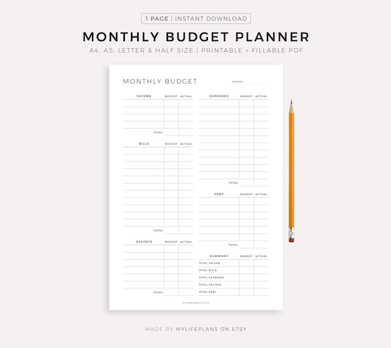 Monthly Budget Planner Printable & Fillable PDF, Budget Tracker Template, Finance Overview, A4/A5/Letter/Half,  Instant Download