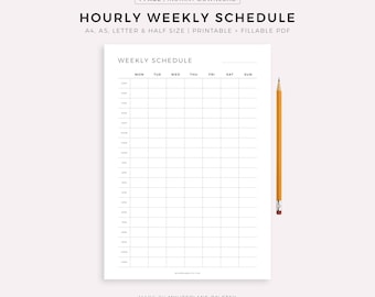 Hourly Weekly Schedule Printable, Weekly Planner, Week At a Glance, Weekly Agenda, Weekly To Do List, Instant Download, A5/A4/Letter/Half