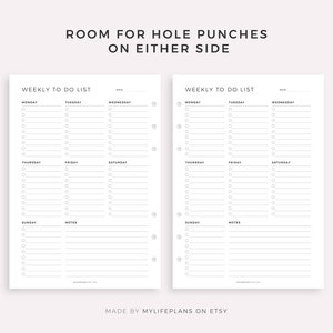 May include: Two-page weekly to-do list planner inserts with a minimalist design. Each page features a layout for daily tasks, with space for notes. The text "ROOM FOR HOLE PUNCHES ON EITHER SIDE" is at the top. The Etsy shop name is at the bottom.