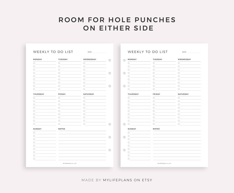 May include: Two-page weekly to-do list planner inserts with a minimalist design. Each page features a layout for daily tasks, with space for notes. The text "ROOM FOR HOLE PUNCHES ON EITHER SIDE" is at the top. The Etsy shop name is at the bottom.