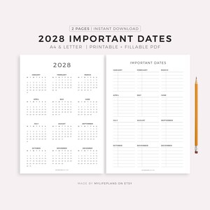 May include: A printable 2028 calendar and important dates planner. The calendar is in a simple black and white design, with the year 2028 displayed prominently. The planner includes space for notes. A pencil is placed on the right side.